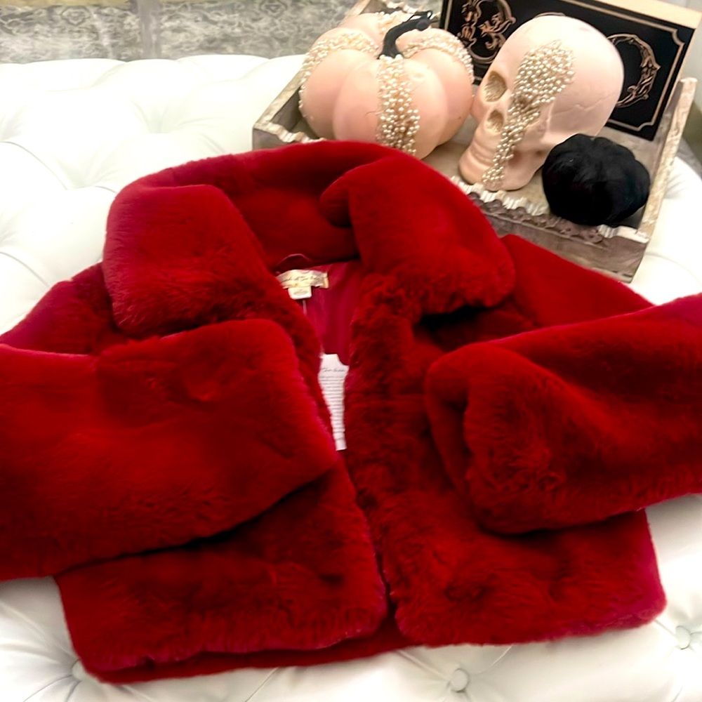 Women's Red Cropped Faux Fur Jacket